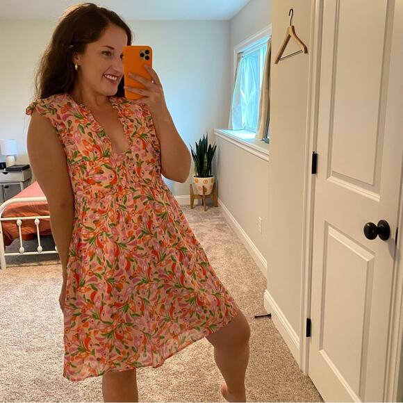 Banjanan Pink Peach Cotton Floral Mini Dress Medium - Picture 2 of 15